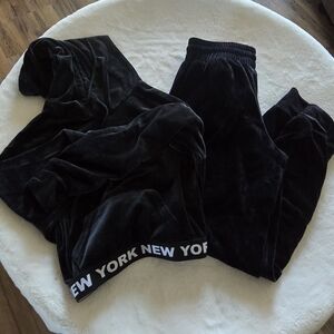 Black Velour Hoodie & Joggers Set with NEW YORK Waistband